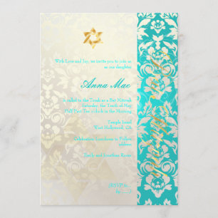 Convite Classe + Na moda Damask Bat Mitzvah/Aquamarine