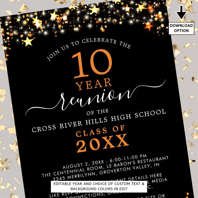 Convite Classe Reunião Black Orange Stars Luzes A Qualquer (Criador carregado)