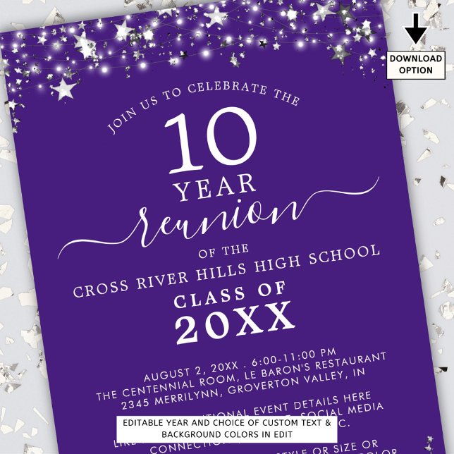 Convite Classe Reunião Roxo Silver Stars Luzes A Qualquer  (Criador carregado)