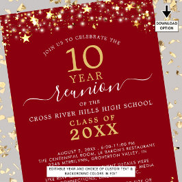 Convite Classe Reunion Red Dourada Stars Luz A Qualquer An