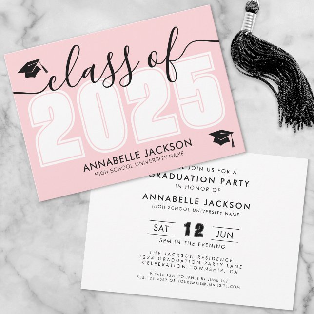 Convite Classe Rosa De Festa de formatura 2025 (Pink Class Of 2025 Graduation Party Invitation)