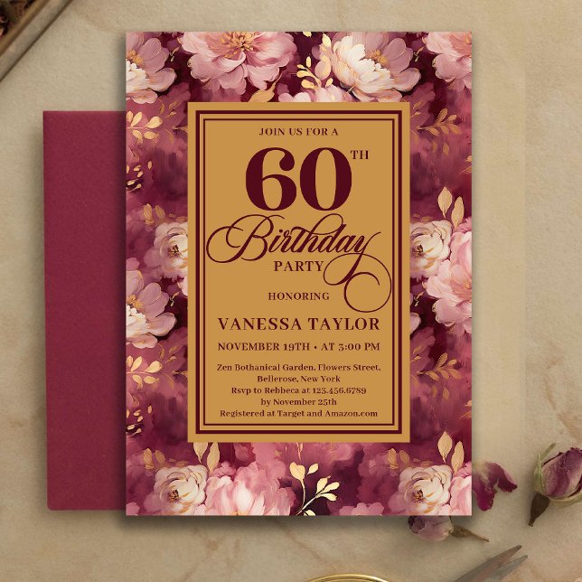 Convite Classic 60th Birthday Deep Red Blush Gold Invites (Classic 60th Birthday Deep Red Blush Gold Invitation)