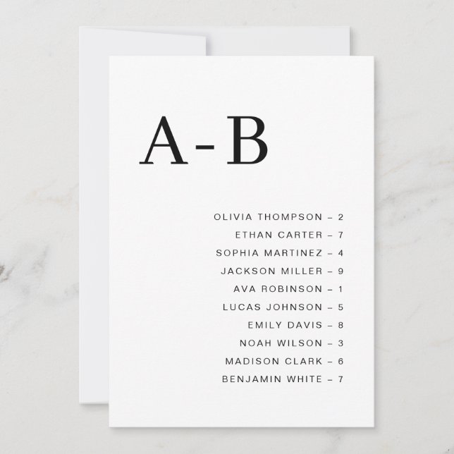 Convite Classic Alphabetical Wedding Seating Chart Card (Frente)