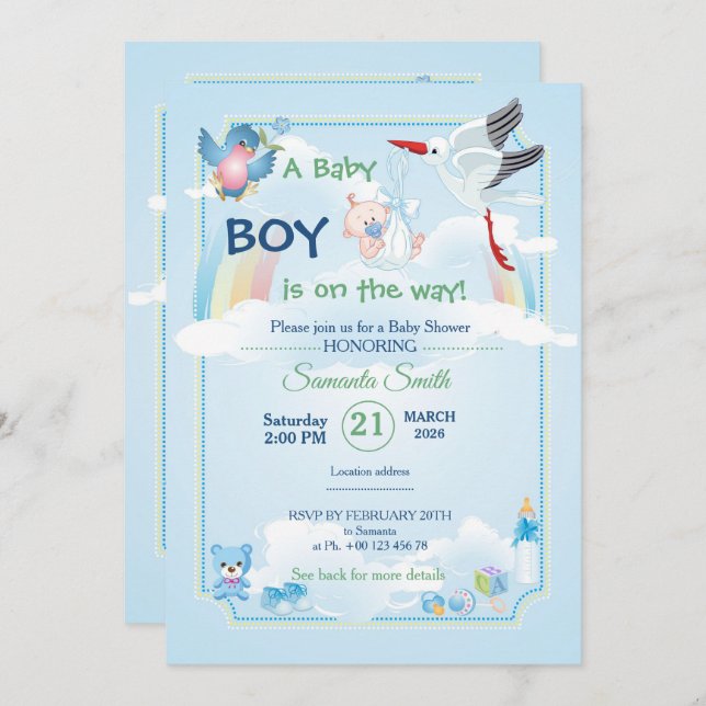 Convite Classic and cute Stork Baby Shower Invitation (Frente/Verso)
