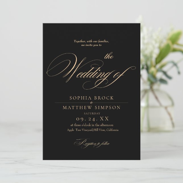 Convite Classic Black and Burgundy Script Wedding (Em pé/Frente)