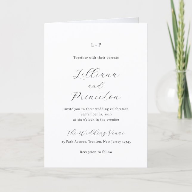 Convite Classic Black and White Monogram Elegant Wedding (Frente)