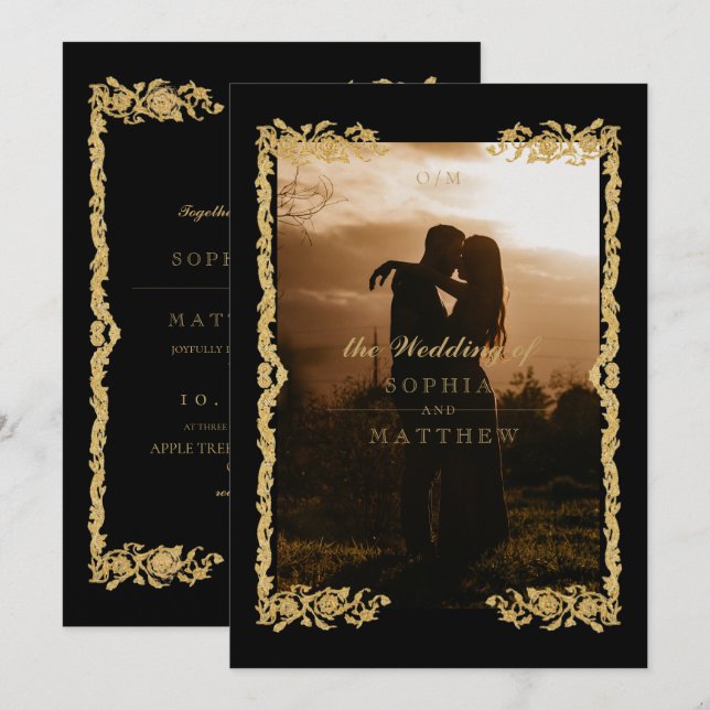 Convite Classic Black Gold Frame⎮ Photo Wedding Invitation (Frente/Verso)