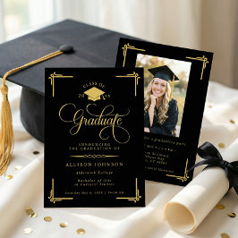Convite Classic Black Gold Photo Graduation