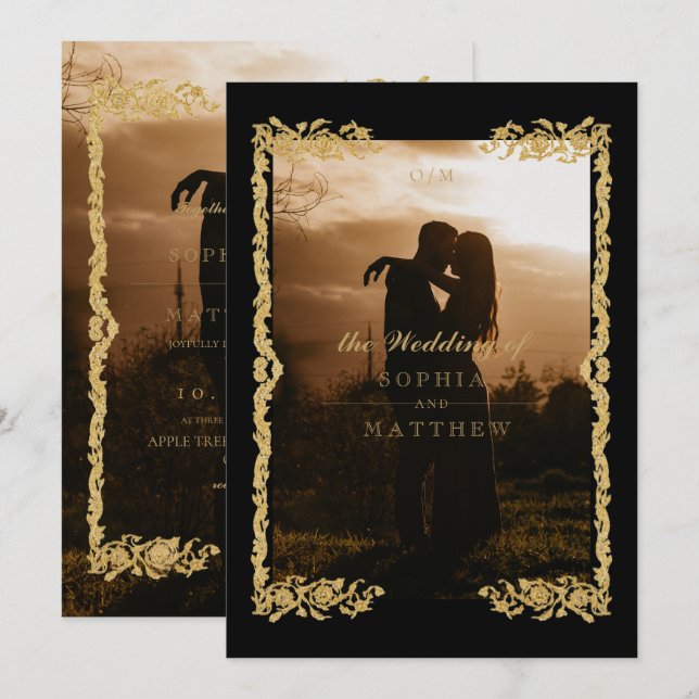 Convite Classic Black Gold Photo Wedding Invitation (Frente/Verso)