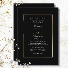 Convite Classic Black White Gold Frame Border Chic Wedding