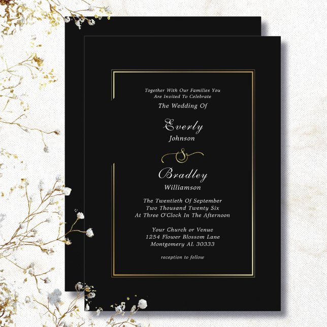 Convite Classic Black White Gold Frame Border Chic Wedding (Criador carregado)