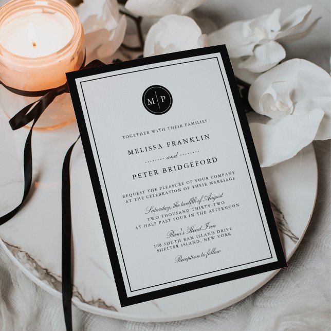 Convite Classic Black & White Monogram Wedding Invitation (Criador carregado)