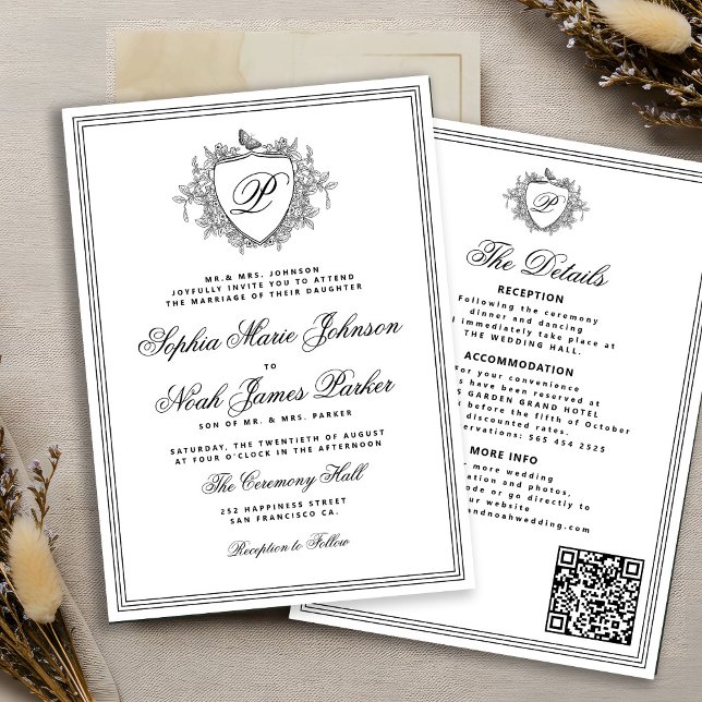 Convite Classic black white QR formal monogram wedding  (Criador carregado)