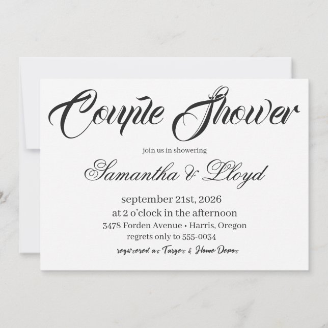 Convite Classic Black & White Script Couples Bridal Shower (Frente)