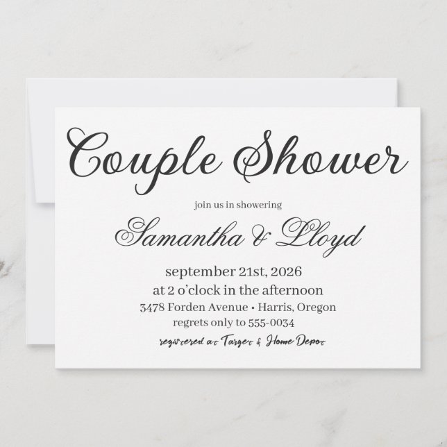 Convite Classic Black & White Script Couples Bridal Shower (Frente)