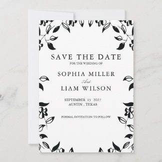 Convite Classic Black White WEDDING Floral Save the Date 