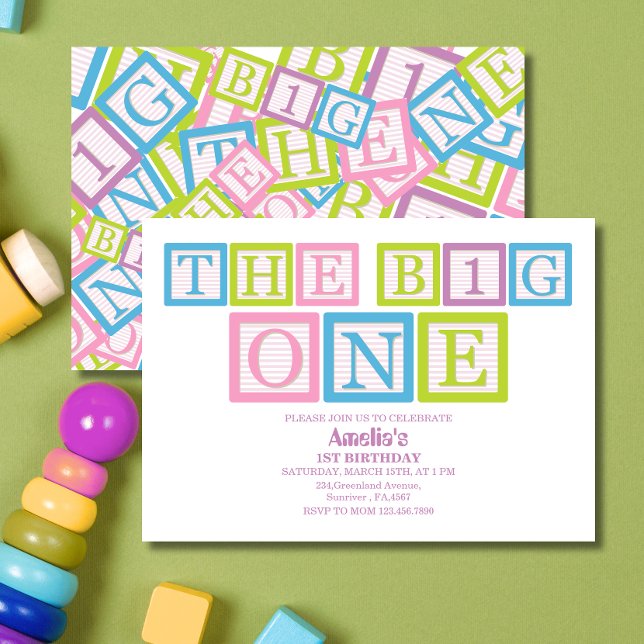 Convite Classic Blocks Theme Simple First Birthday Invitat (Criador carregado)