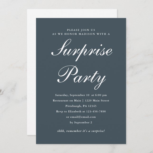 Convite Classic Blue and White Surprise Party (Frente/Verso)