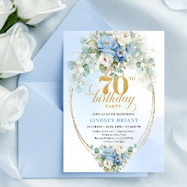 Convite Classic Blue Floral Eucalyptus 70th Birthday Invit