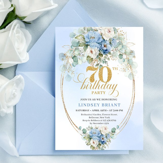 Convite Classic Blue Floral Eucalyptus 70th Birthday Invit (Classic Blue Floral Eucalyptus 70th Birthday Invitation

)