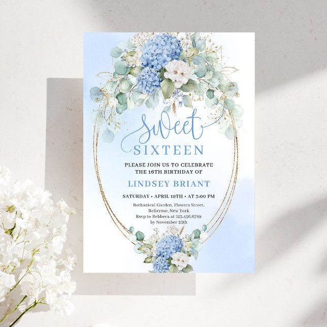 Convite Classic Blue Floral Eucalyptus Sweet 16 Invitation (Classic Blue Floral Eucalyptus Sweet 16 Invitation)