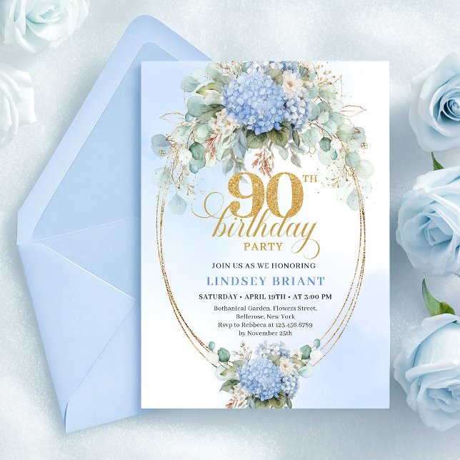 Convite Classic Blue Floral Gold Greenery 90th Birthday  (Classic Blue Floral Gold Greenery 90th Birthday Invite)