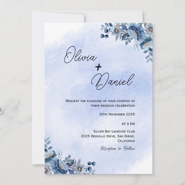 Convite Classic Blue Floral Wedding Invitation (Frente)