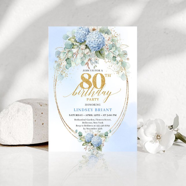 Convite Classic Blue Hydrangea Gold 80 Birthday Celebrate (Classic Blue Hydrangea Gold 80 Birthday Celebrate Invitation )