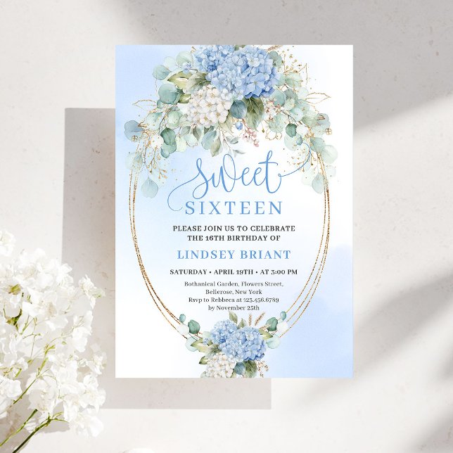 Convite Classic Blue Hydrangea Gold Floral Sweet Sixteen (Classic Blue Hydrangea Gold Floral Sweet Sixteen Invitation)