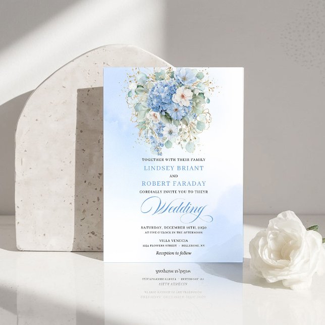 Convite Classic Blue Hydrangea Gold Floral Wedding Invite (Classic Blue Hydrangea Gold Floral Wedding Invite)