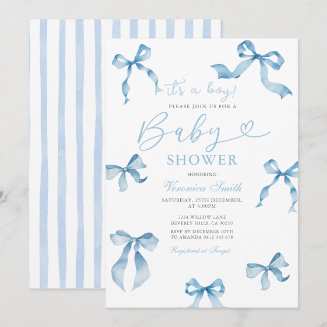 Convite Classic Blue Ribbon Bow Baby Shower Invite (Frente/Verso)