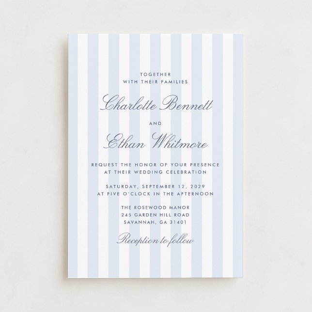 Convite Classic Blue Stripe Preppy Wedding Invitation (Criador carregado)