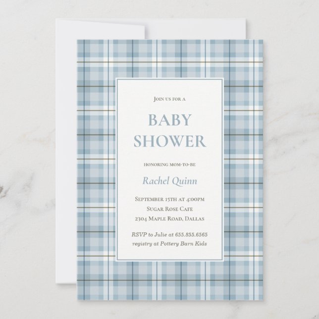 Convite Classic blue tartan plaid pattern boy baby shower (Frente)