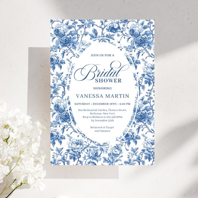 Convite Classic Blue Toile de Jouy Floral Bridal Shower   (Classic Blue Toile de Jouy Floral Bridal Shower Invite)