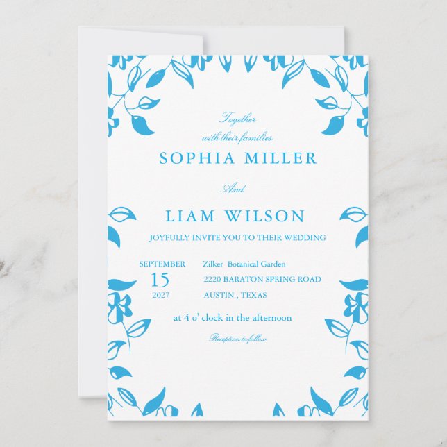 Convite classic blue  wild flowers wedding invite (Frente)