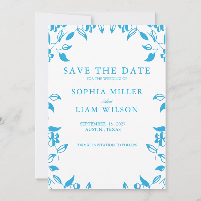 Convite classic blue wild flowers wedding save the date (Frente)