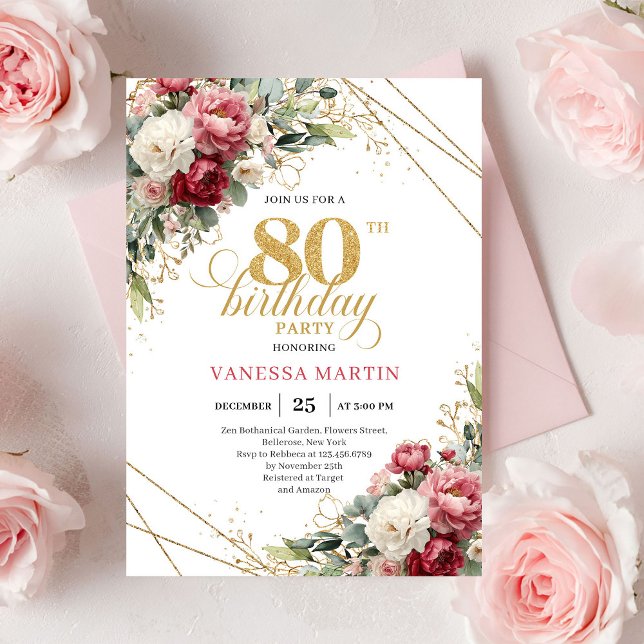 Convite Classic Blush Burgundy Floral 80th Birthday Invite (Classic Blush Burgundy Floral 80th Birthday Invite)