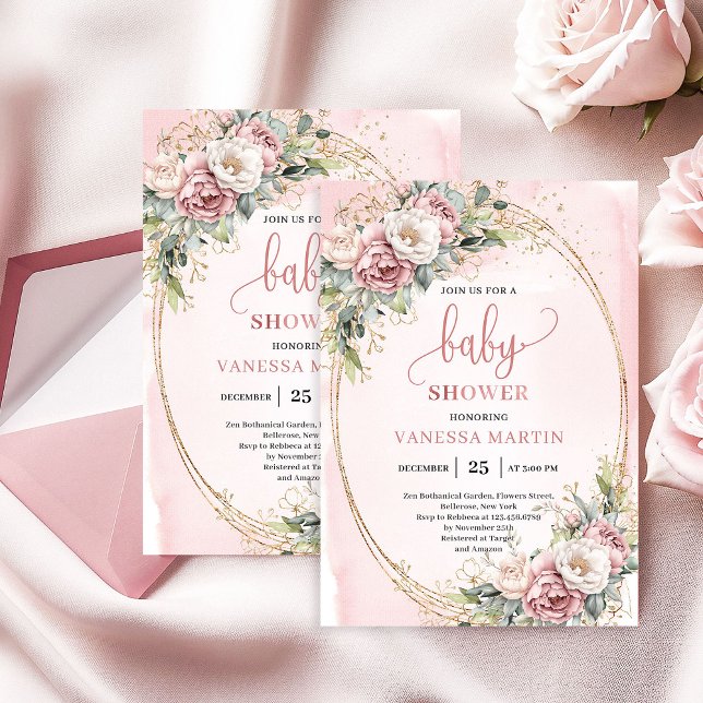 Convite Classic Blush Pink Floral Eucalyptus Baby Shower (Classic Blush Pink Floral Eucalyptus Baby Shower)