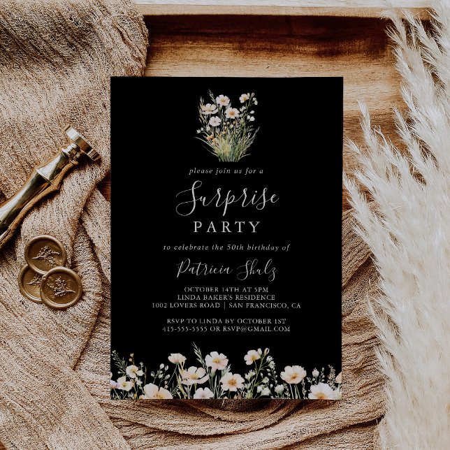 Convite Classic Boho Blush Wildflower Black Surprise Party (Criador carregado)