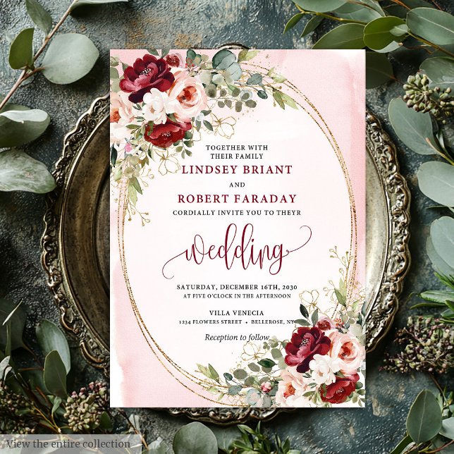 Convite Classic Boho Merlot Gold Floral Wedding Invitation (Classic Boho Merlot Gold Floral Wedding Invite)