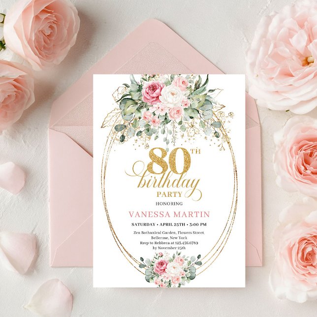Convite Classic Boho Minimalist Blush Floral 80th Birthday (Classic Minimalist Blush Floral 80th Birthday Invite

)