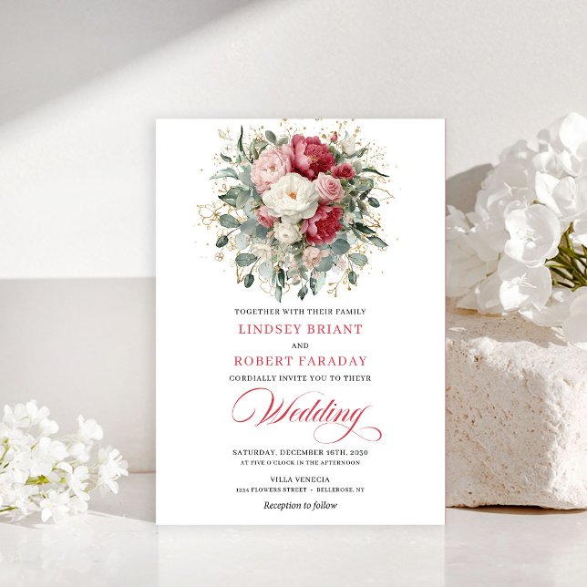 Convite Classic Boho Red White Gold Floral Wedding Invite (Classic Boho Red White Gold Floral Wedding Invitation)