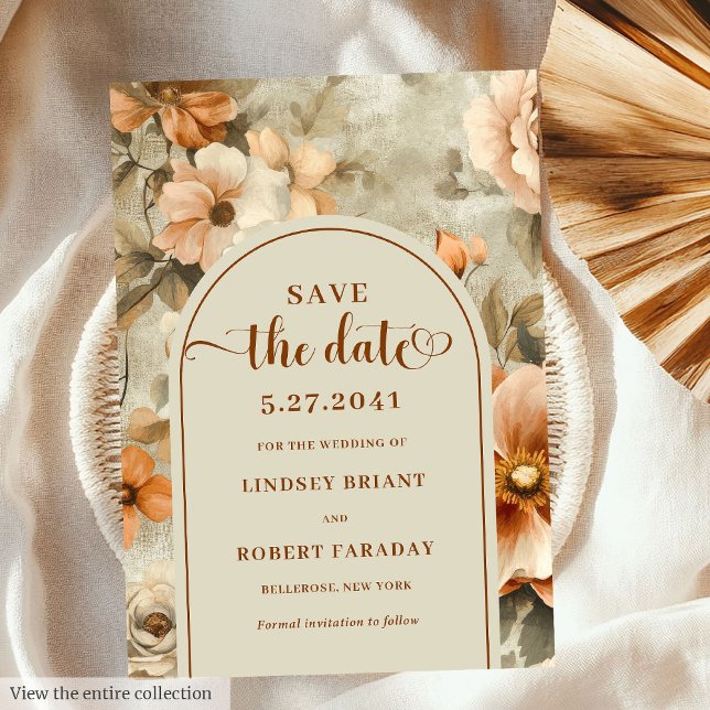 Convite Classic Boho Terra Cotta Olive Floral Save Date (Classic Boho Terra Cotta Olive Floral Save The Date)