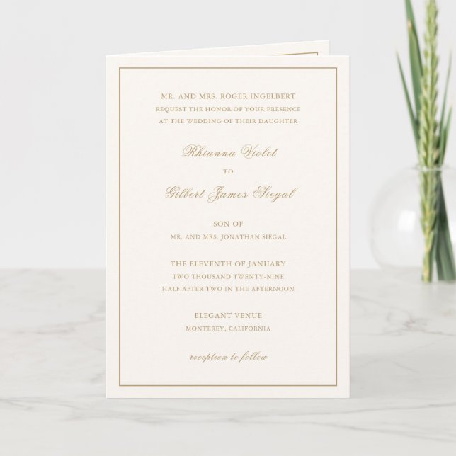 Convite Classic Border Ivory and Gold Timeless Wedding (Frente)