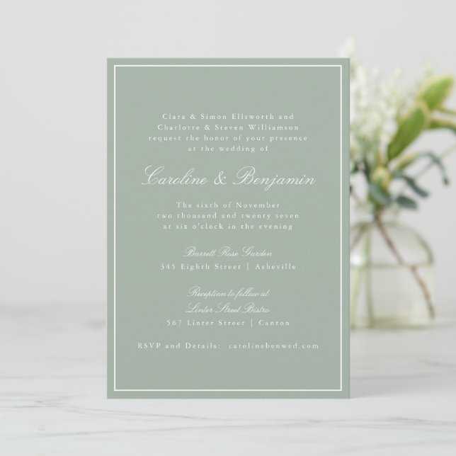 Convite Classic Border Script Elegant Wedding Sage RSVP (Em pé/Frente)