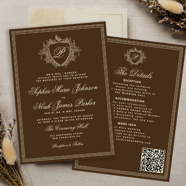 Convite Classic brown QR code formal monogram wedding  (Criador carregado)