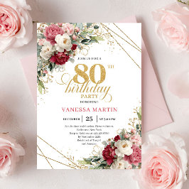 Convite Classic Burgundy Blush Gold 80th Birthday Invite