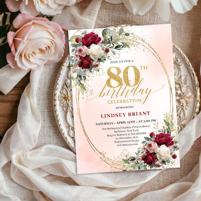Convite Classic Burgundy Boho Floral 80th Birthday Invite (Classic Burgundy Boho Floral 80th Birthday Invite)