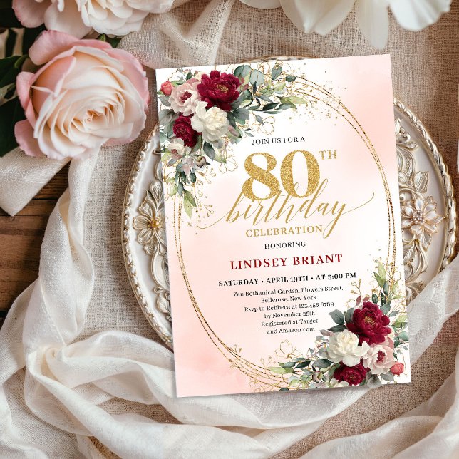 Convite Classic Burgundy Floral Gold 80th Birthday Invite (Classic Burgundy Floral Gold 80th Birthday Invite)