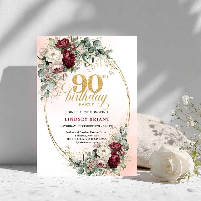 Convite Classic Burgundy Floral Gold 90th Birthday Invite (Classic Burgundy Floral Gold 90th Birthday Invitation)